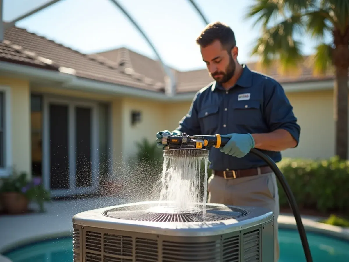 Technician rinsing a condenser coil during an AC tune-up in Clermont, FL