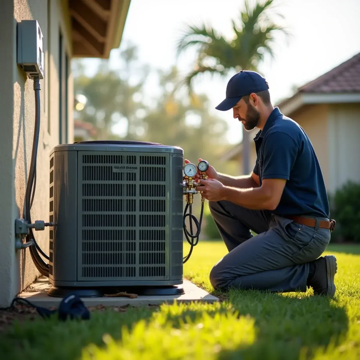 HVAC technician servicing an outdoor AC condenser beside a Clermont, FL home