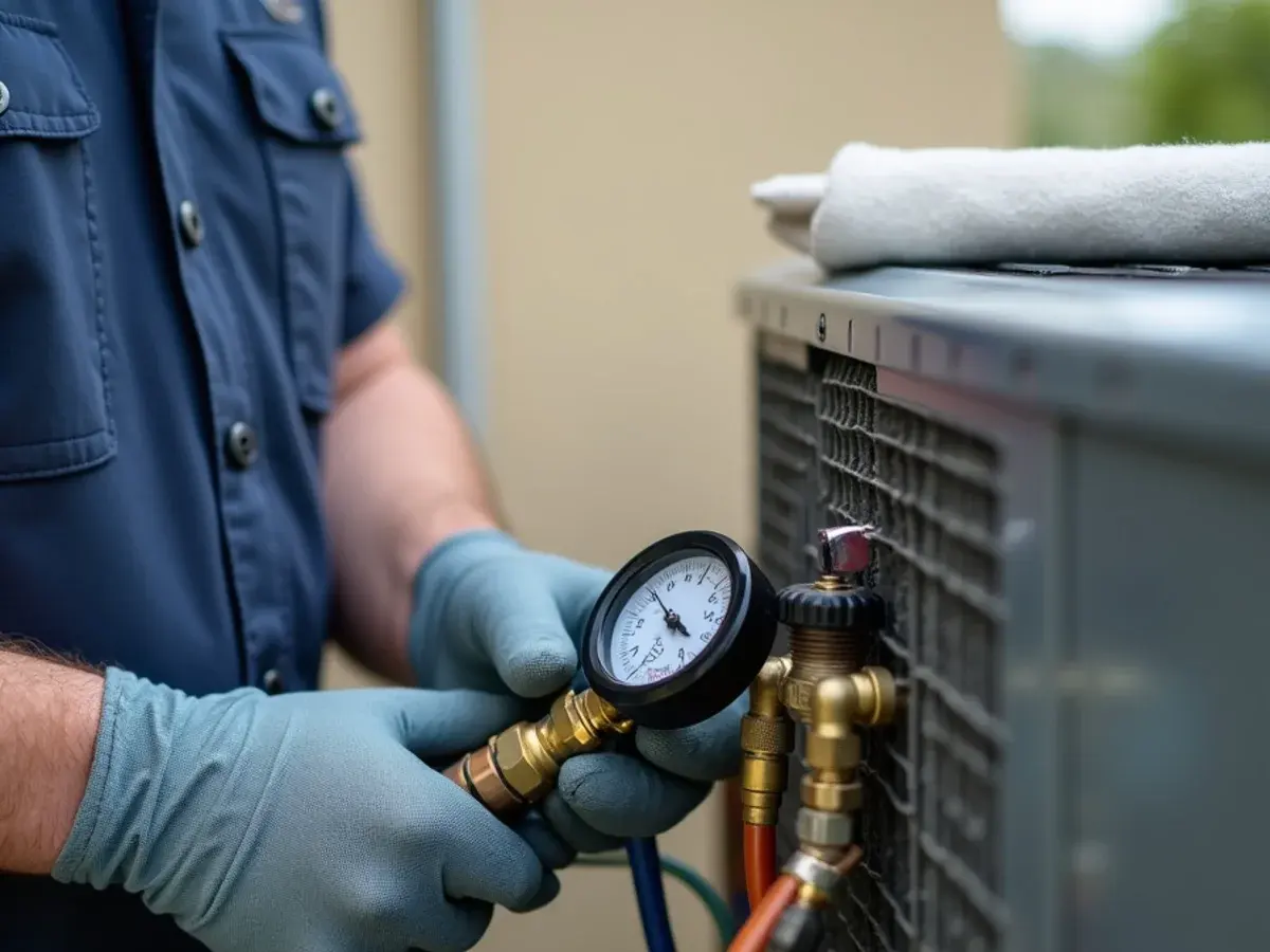 Technician reading refrigerant pressures with digital gauges connected to an AC condenser in Clermont, FL