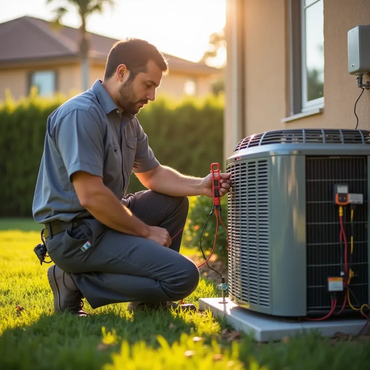 HVAC technician testing the electrical components of an outdoor AC condenser beside a Clermont, FL home