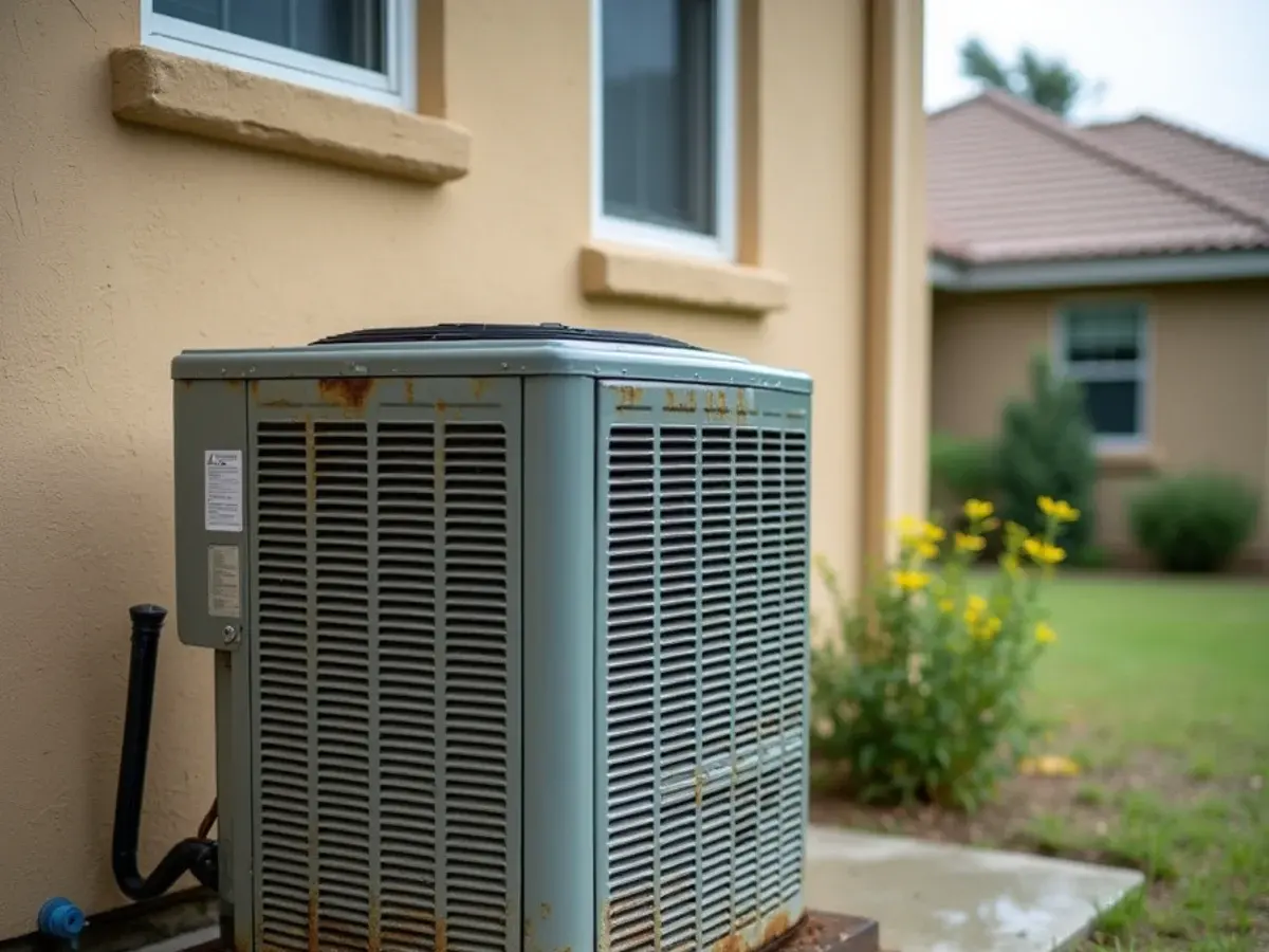 Aging builder-grade AC condenser with faded, rusted panels outside a 2000s home in Clermont, FL