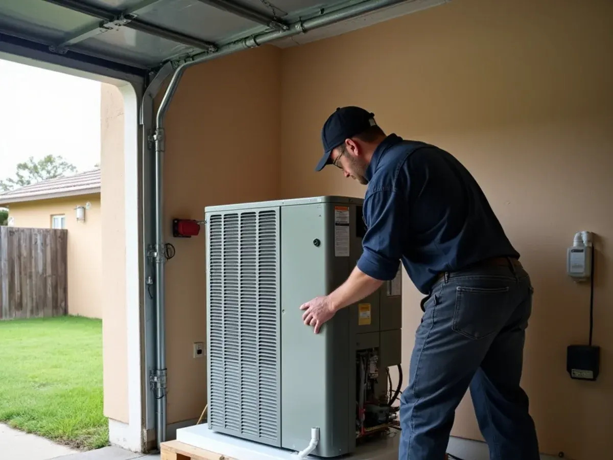 HVAC installer setting a new air handler with a secondary drain pan in a Clermont, FL garage