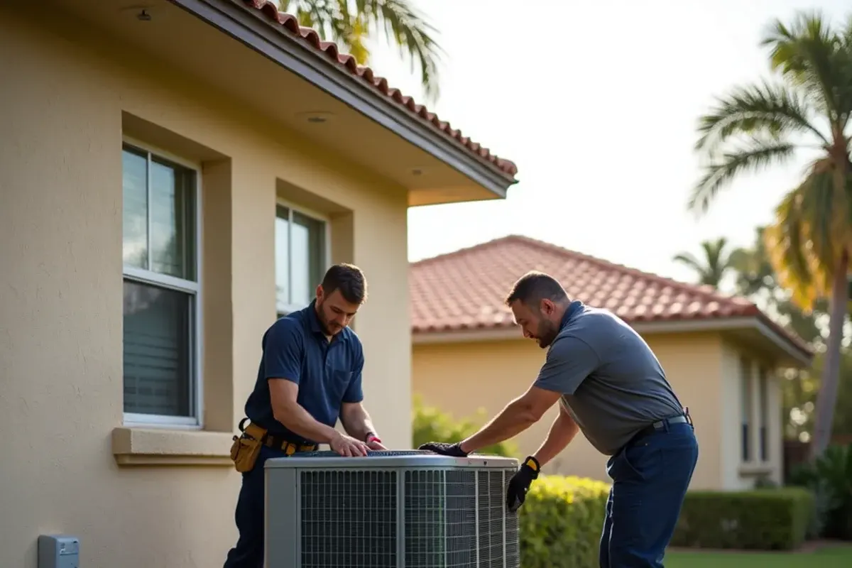 New heat pump condenser being set on a pad during an AC replacement at a Central Florida home near Winter Garden