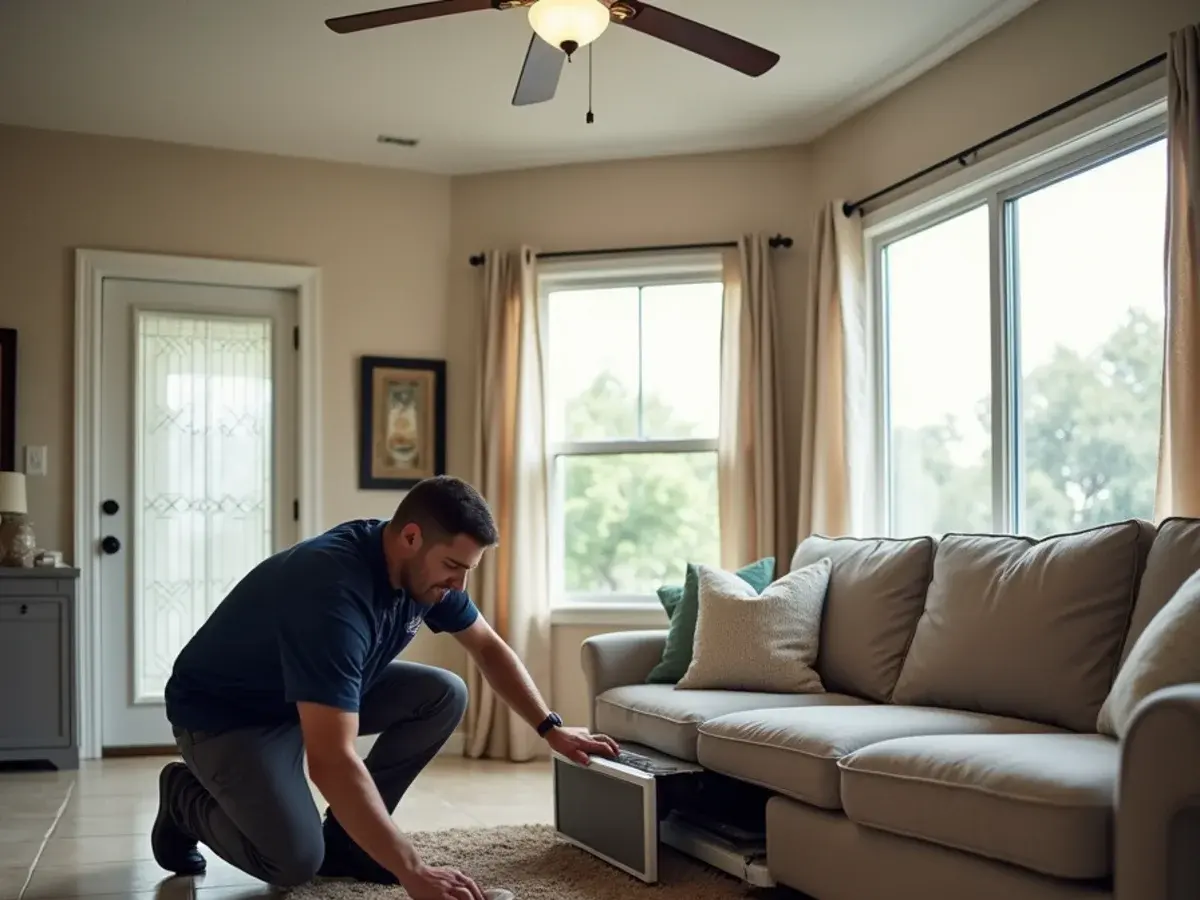Blocked return air grille and dirty filter restricting airflow in a Clermont, FL living room