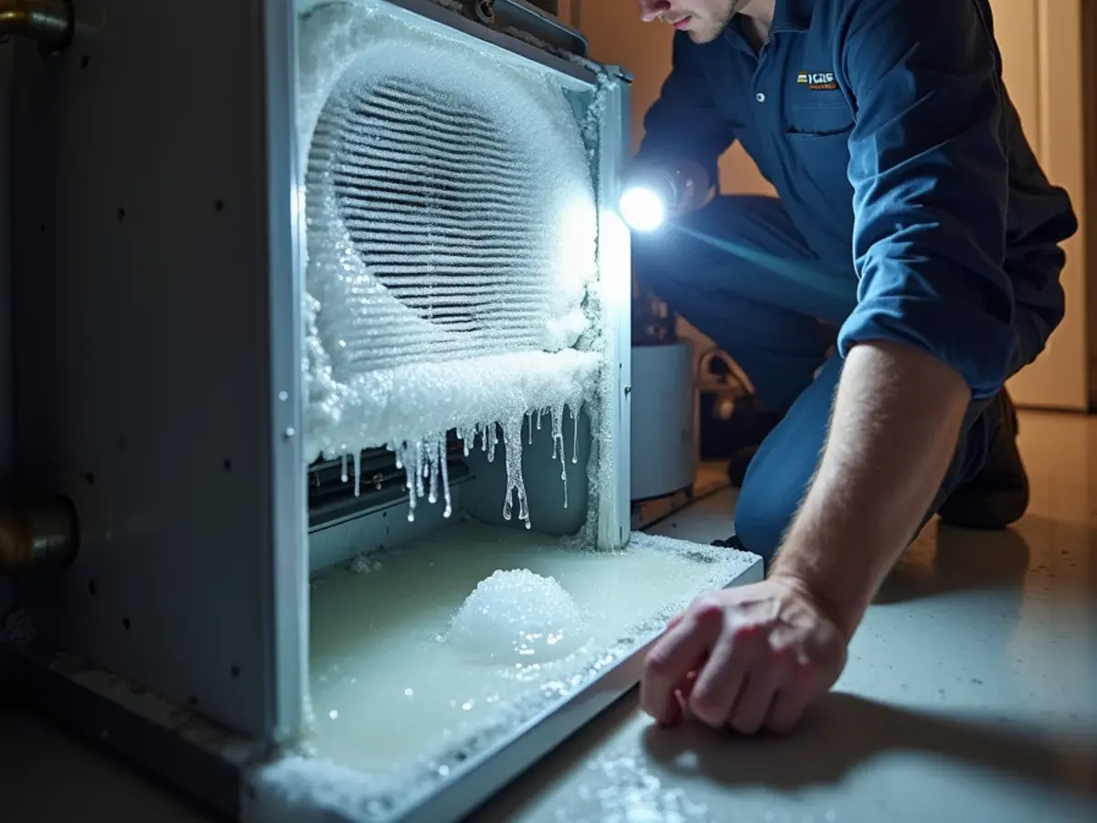 Ice-covered evaporator coil inside an open air handler in a Clermont, FL home