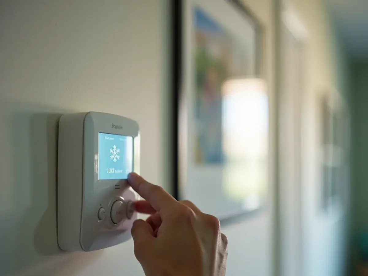 Homeowner checking that a wall thermostat is set to Cool in a Clermont, FL home