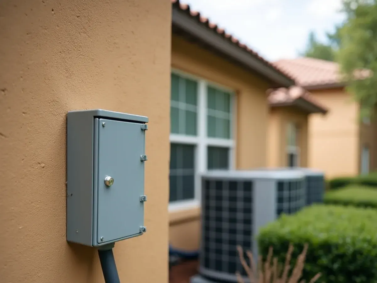 Gray AC disconnect box mounted on a stucco wall beside an outdoor condenser in Clermont, FL