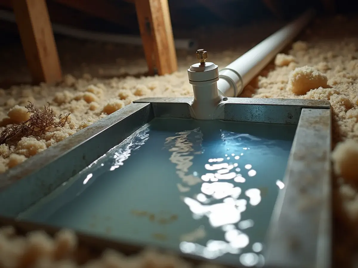Standing water in an air handler secondary drain pan with a tripped float switch in a Florida attic