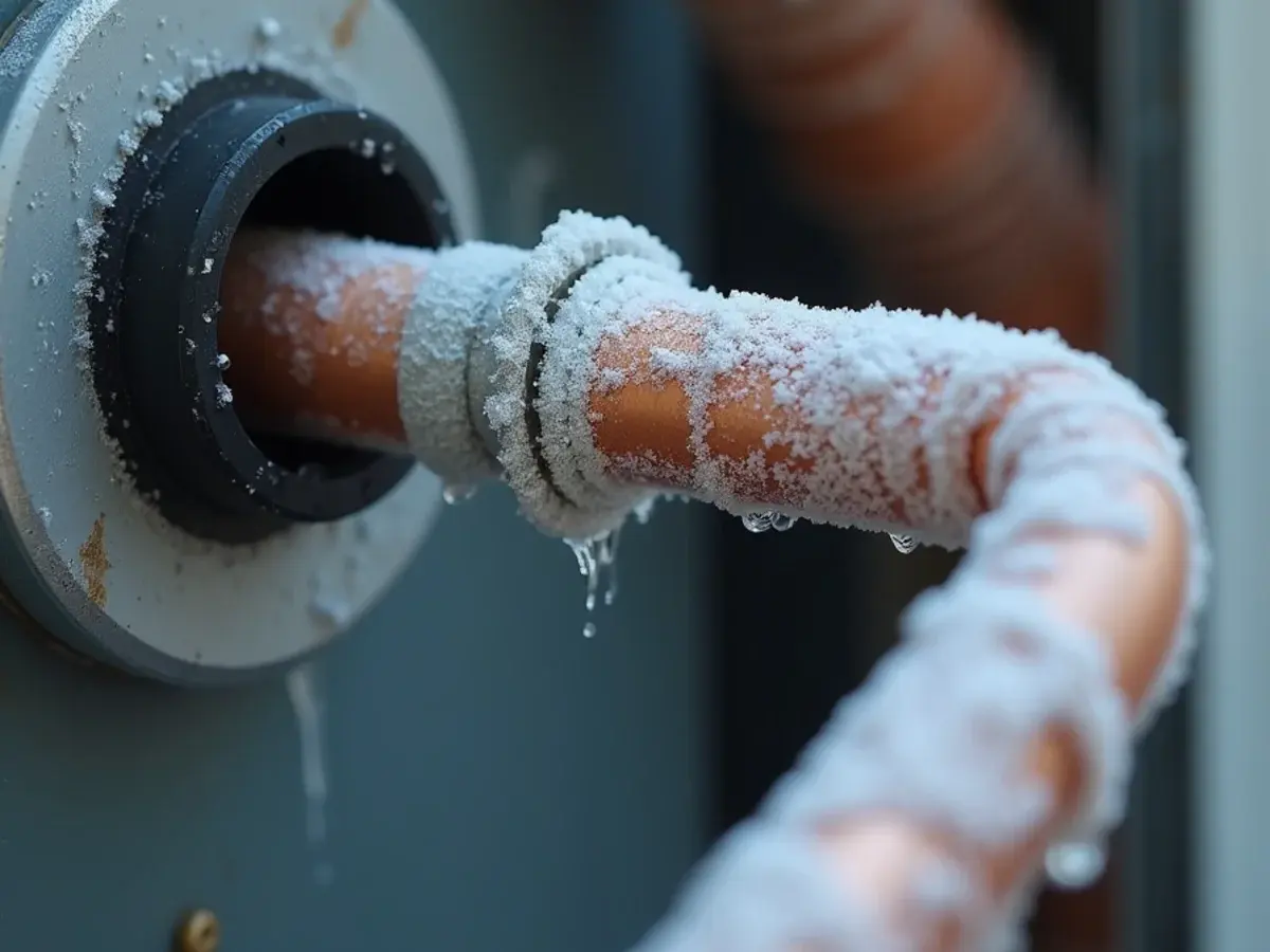 Frost and ice on the insulated refrigerant suction line at an indoor air handler in Clermont, FL