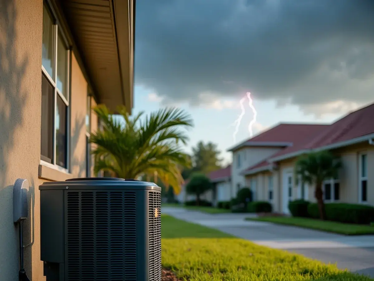 Outdoor AC condenser beside a Clermont, FL home right after a summer thunderstorm