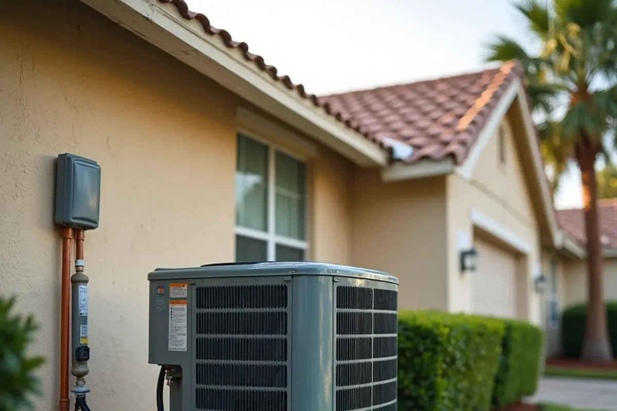 Aging outdoor AC condenser with faded cabinet and worn fins beside a 2000s home in Clermont, FL