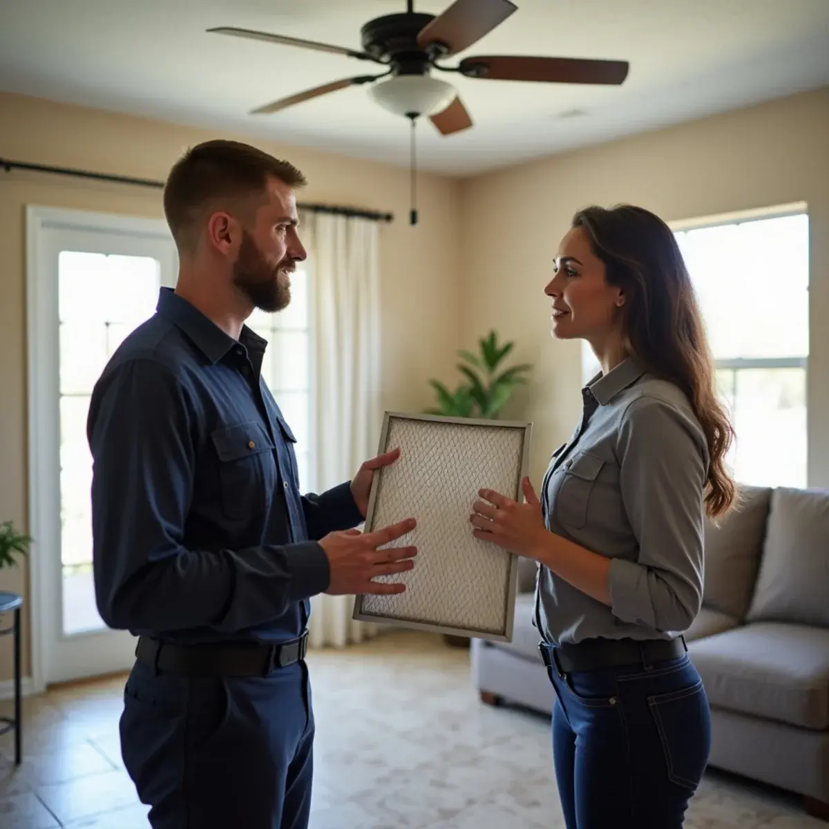 HVAC technician explaining air filter care to a Clermont, FL homeowner