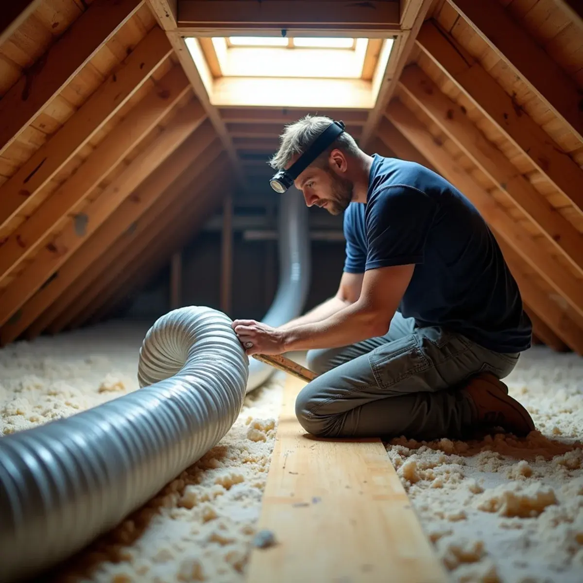 HVAC contractor resealing a flex duct connection at the supply plenum in a Clermont, FL attic