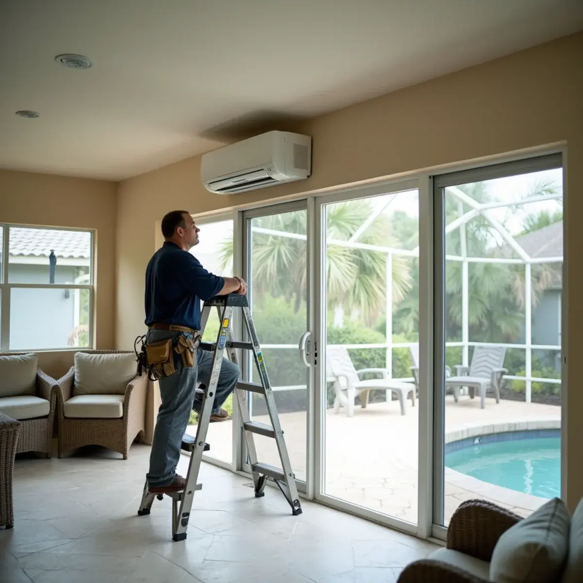 HVAC contractor mounting a ductless mini-split indoor head in an enclosed lanai in Clermont, FL