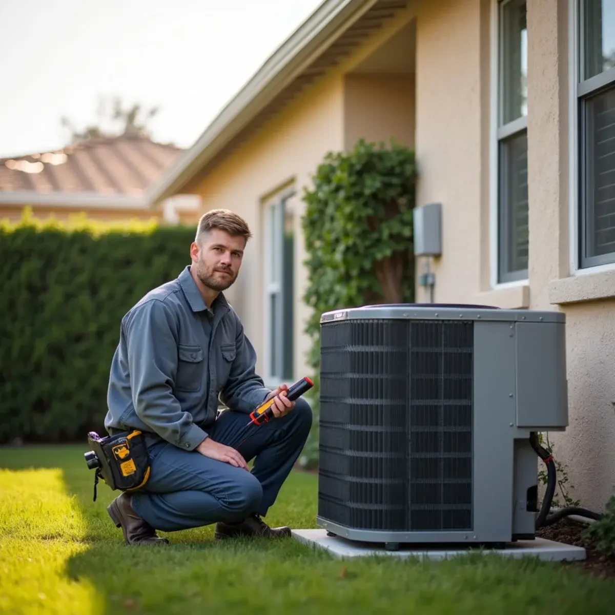 HVAC technician checking a heat pump outside a Clermont, FL home on a cool winter morning