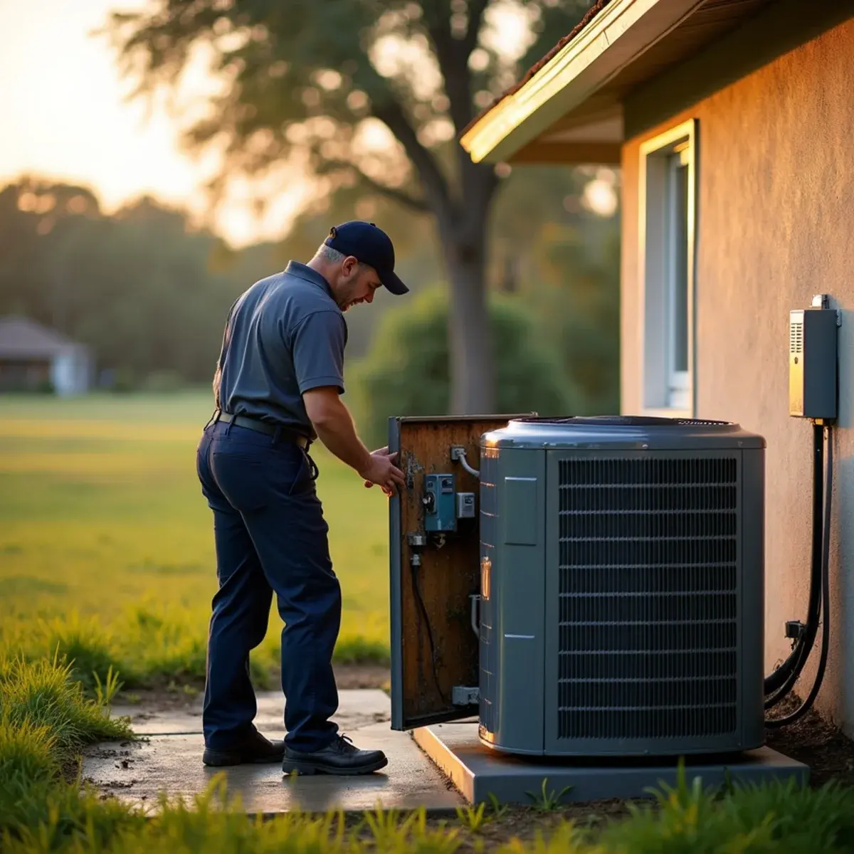 HVAC technician repairing an outdoor AC unit at a rural home on a large lot in Mascotte, FL