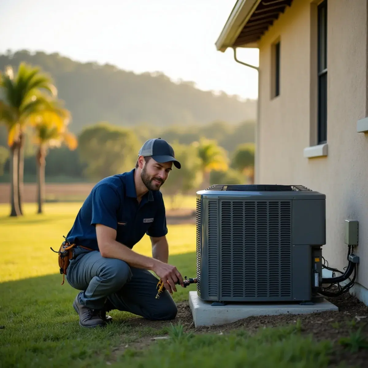 HVAC technician checking a heat pump beside a new two-story home in Minneola, FL